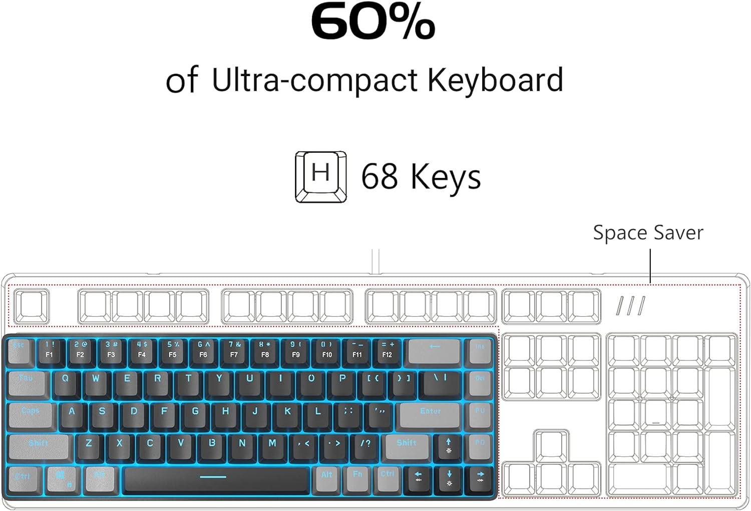 Portable Mechanical Gaming Keyboard LED Backlit Compact 68 Keys