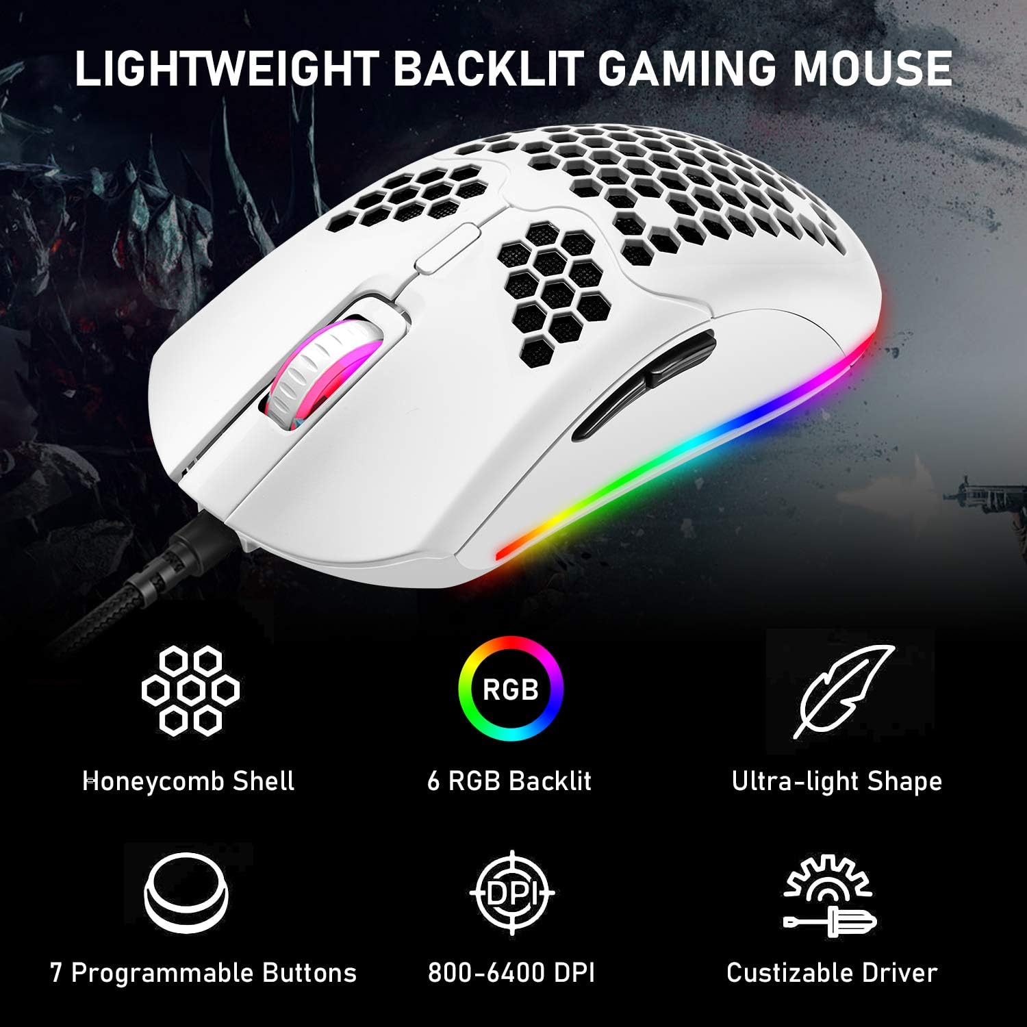 Wired Lightweight Gaming Mouse 69g Ultralight Honeycomb Shell RGB Chroma Backlit