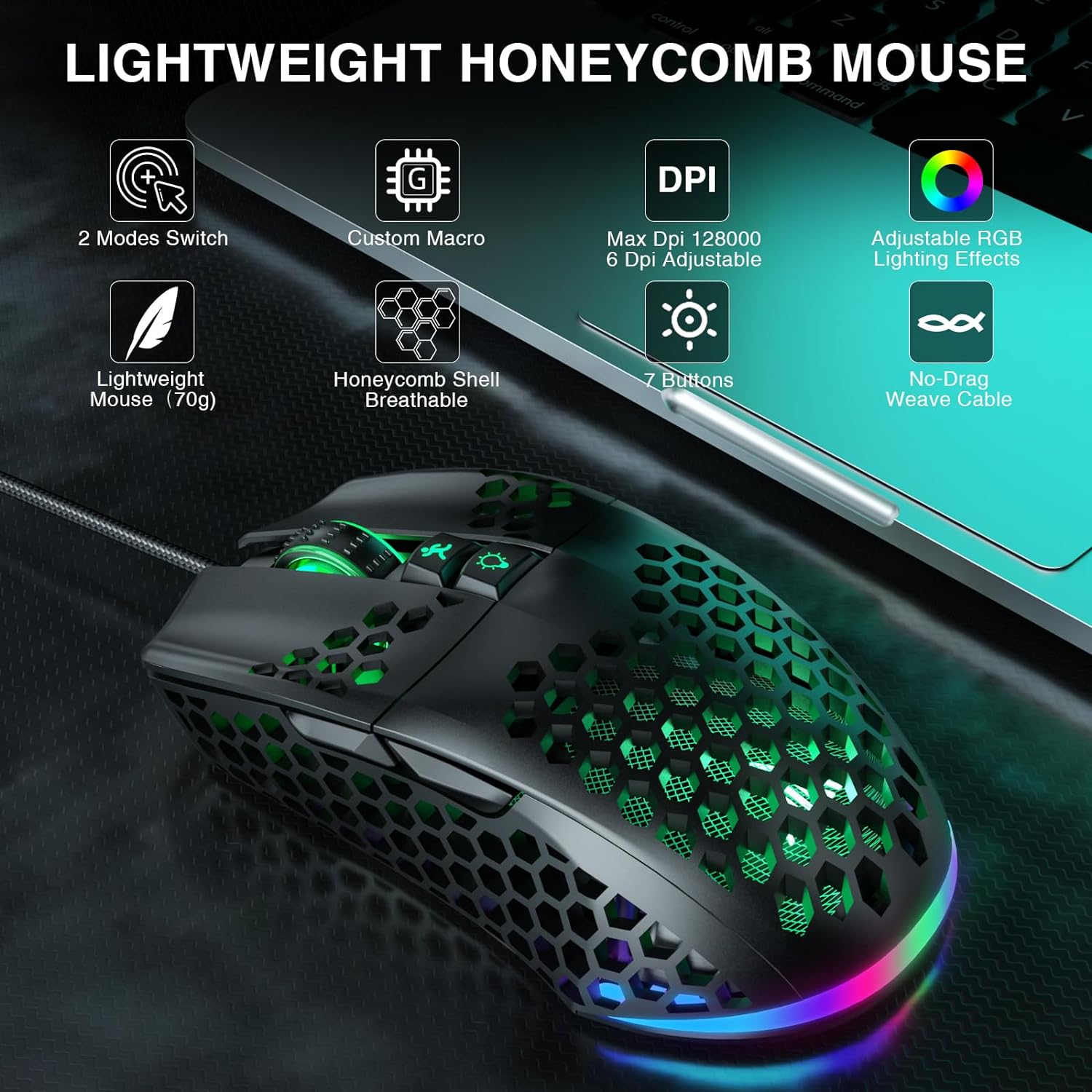 Lightweight Wired Gaming Mouse Honeycomb 7 Programmable Buttons