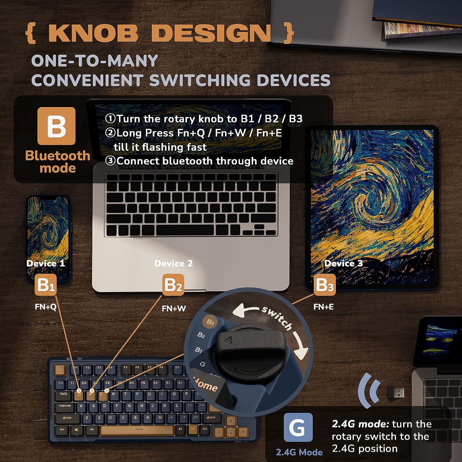 Wireless Gaming Mechanical Keyboard Knob Control Triple Mode Gasket Mount RGB Backlit