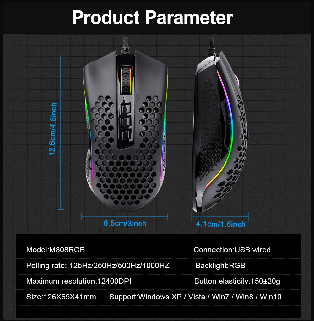 Storm USB Wired RGB Gaming Ultralight Honeycomb Mouse 12400 DPI