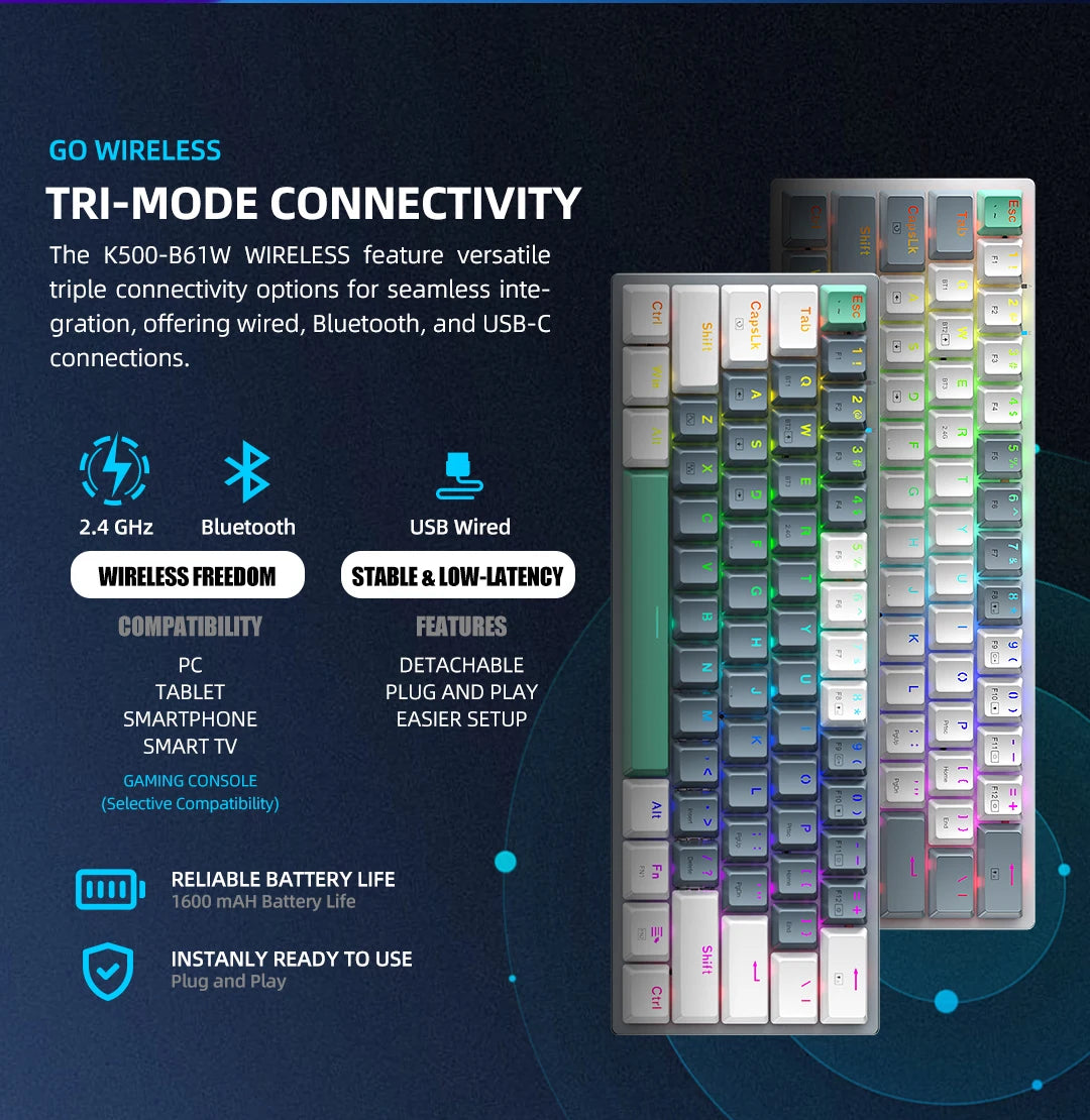 Wireless Mechanical Keyboard 60% Hot-swappable Tri-mode RGB Wireless