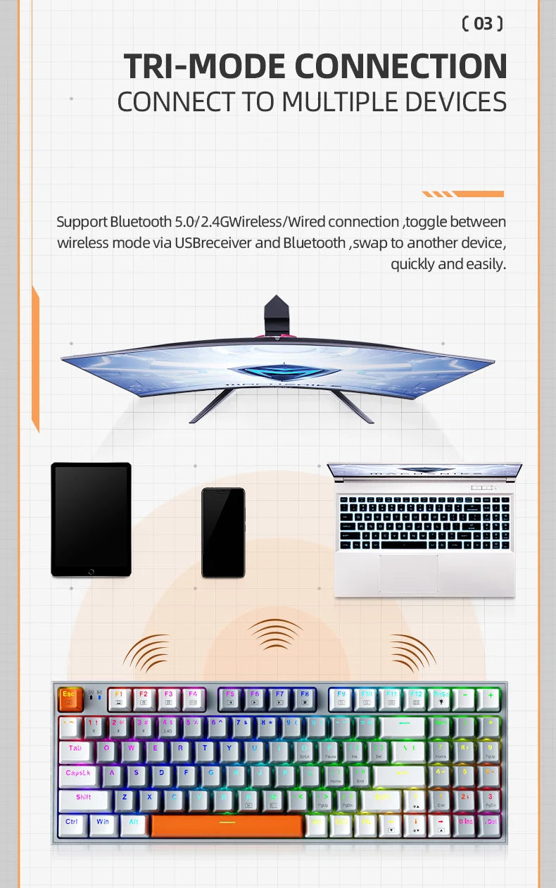 Wireless Gaming Mechanical Keyboard Hot Swap Tri-mode RGB Backlit