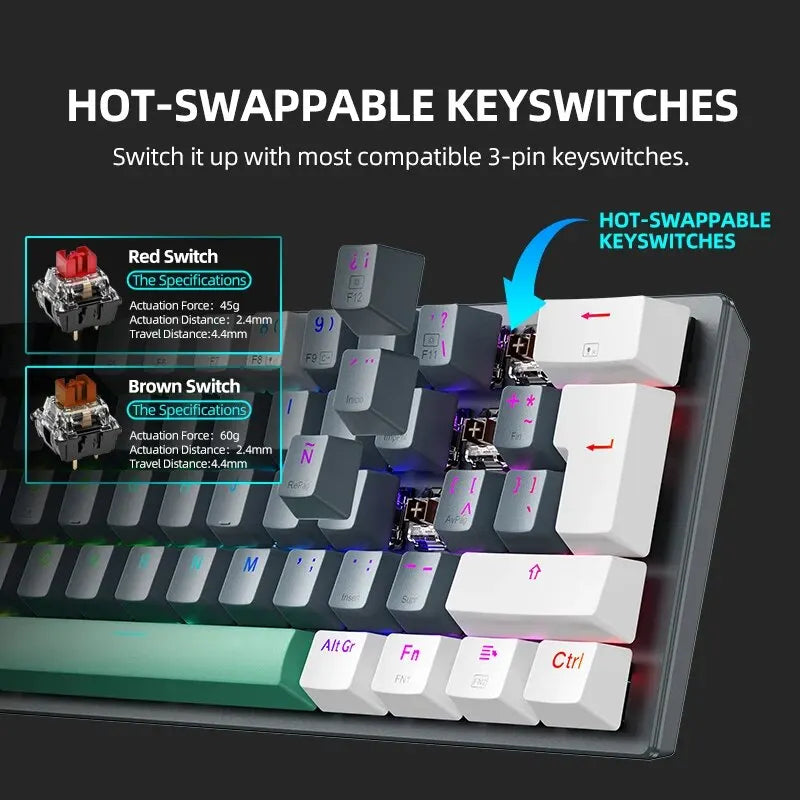 Wireless Mechanical Keyboard 60% Hot-swappable Tri-mode RGB Wireless