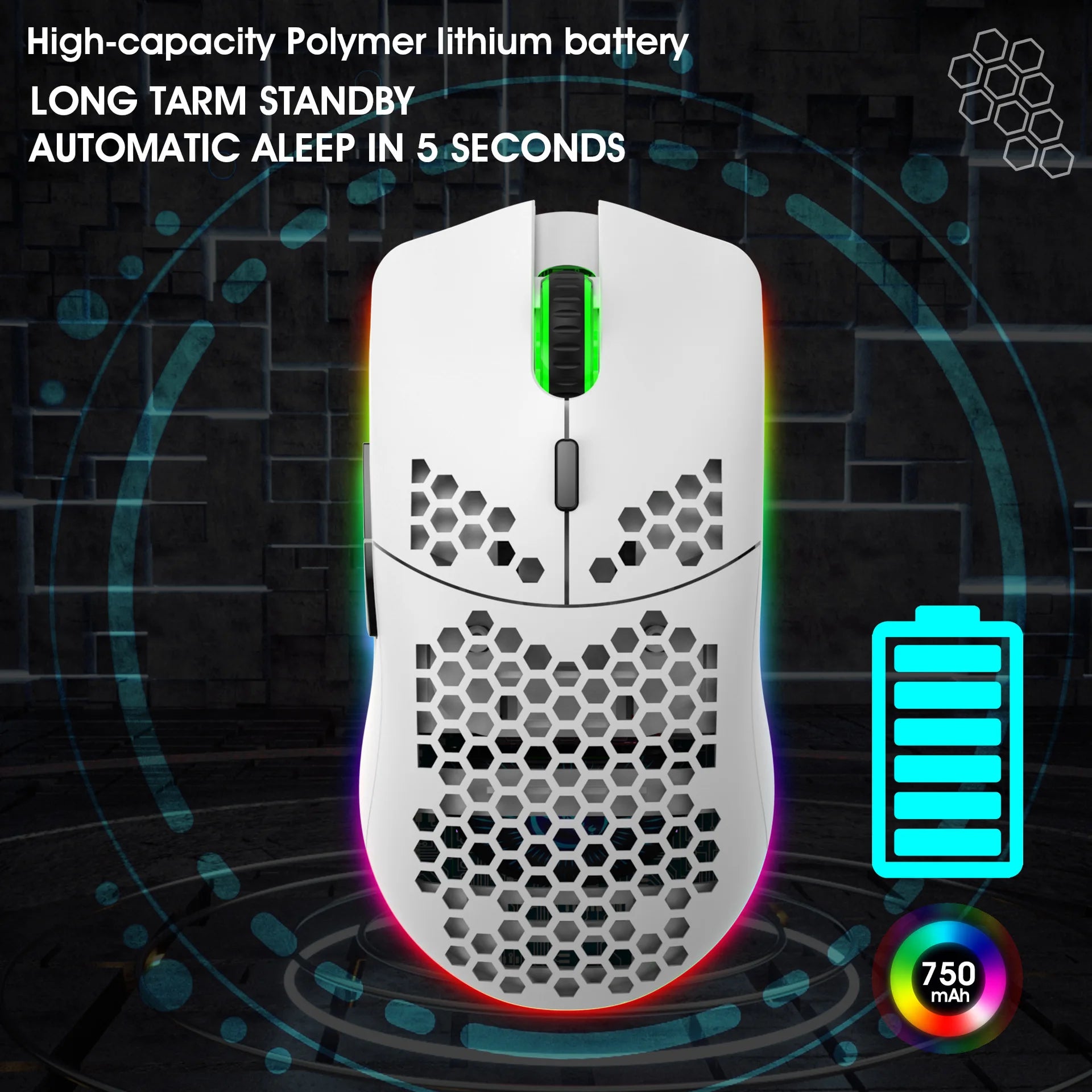 Rechargeable USB 2.4G Wireless Honeycomb Gaming Mouse RGB Lighting