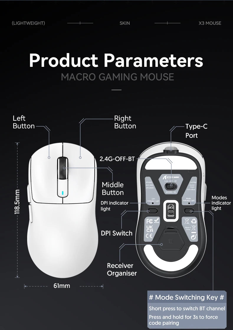 Wireless Gaming Mouse Tri-Mode Bluetooth Lightweight